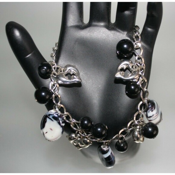 Silver Bracelet Black White Stone Women's Fashion Boho Jewelry Beauty New - Picture 2 of 3